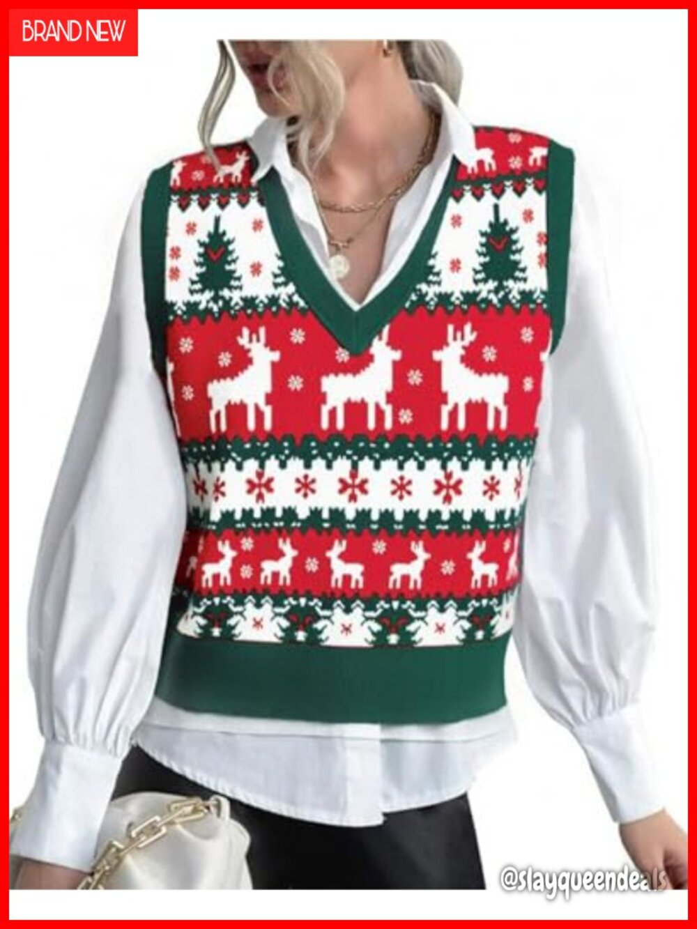 Ugly Christmas Sweater Vest Womens V Neck Acrylic Knit Sleeveless Holiday
